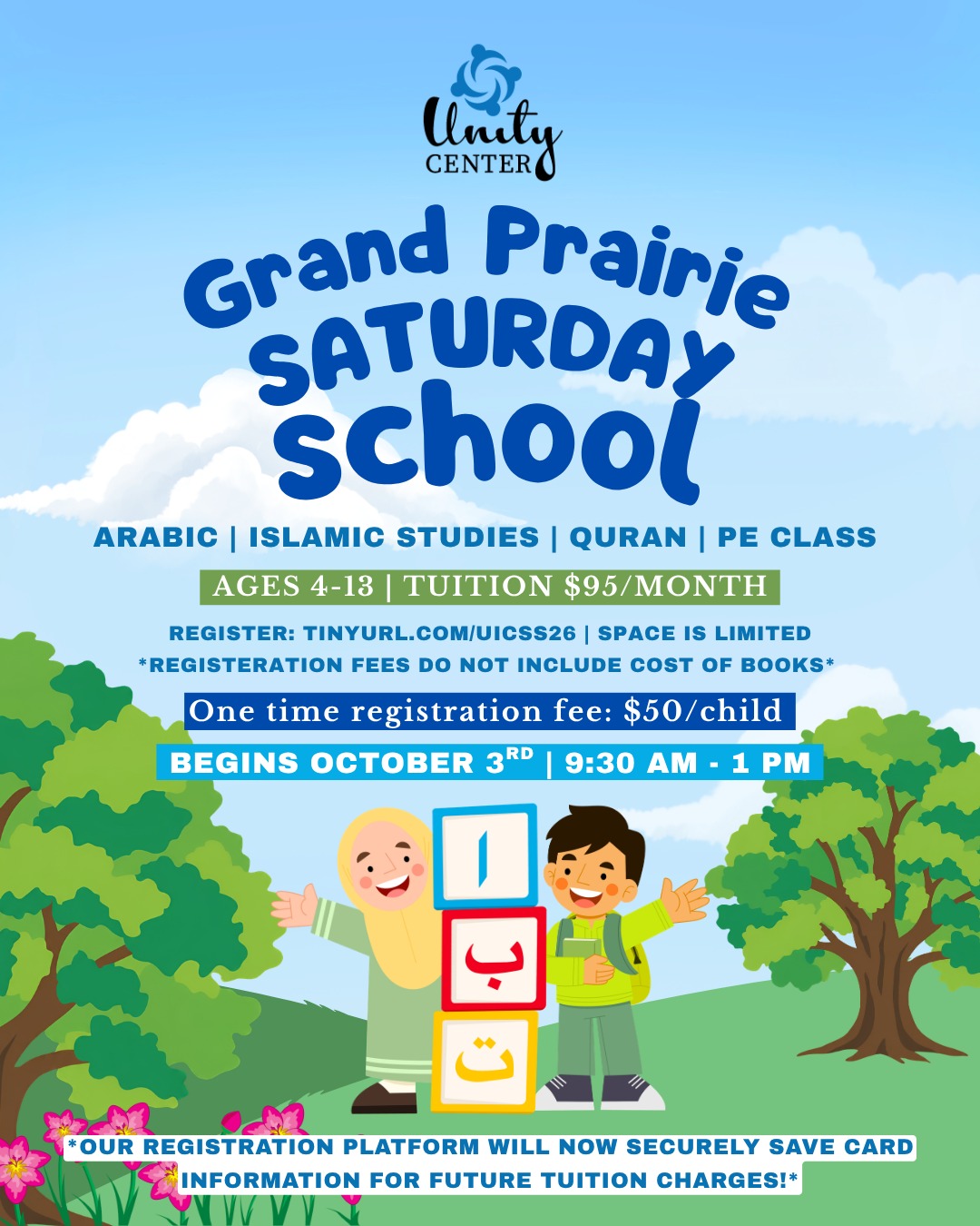 Saturday School -Registration Ages 4-13 flyer
