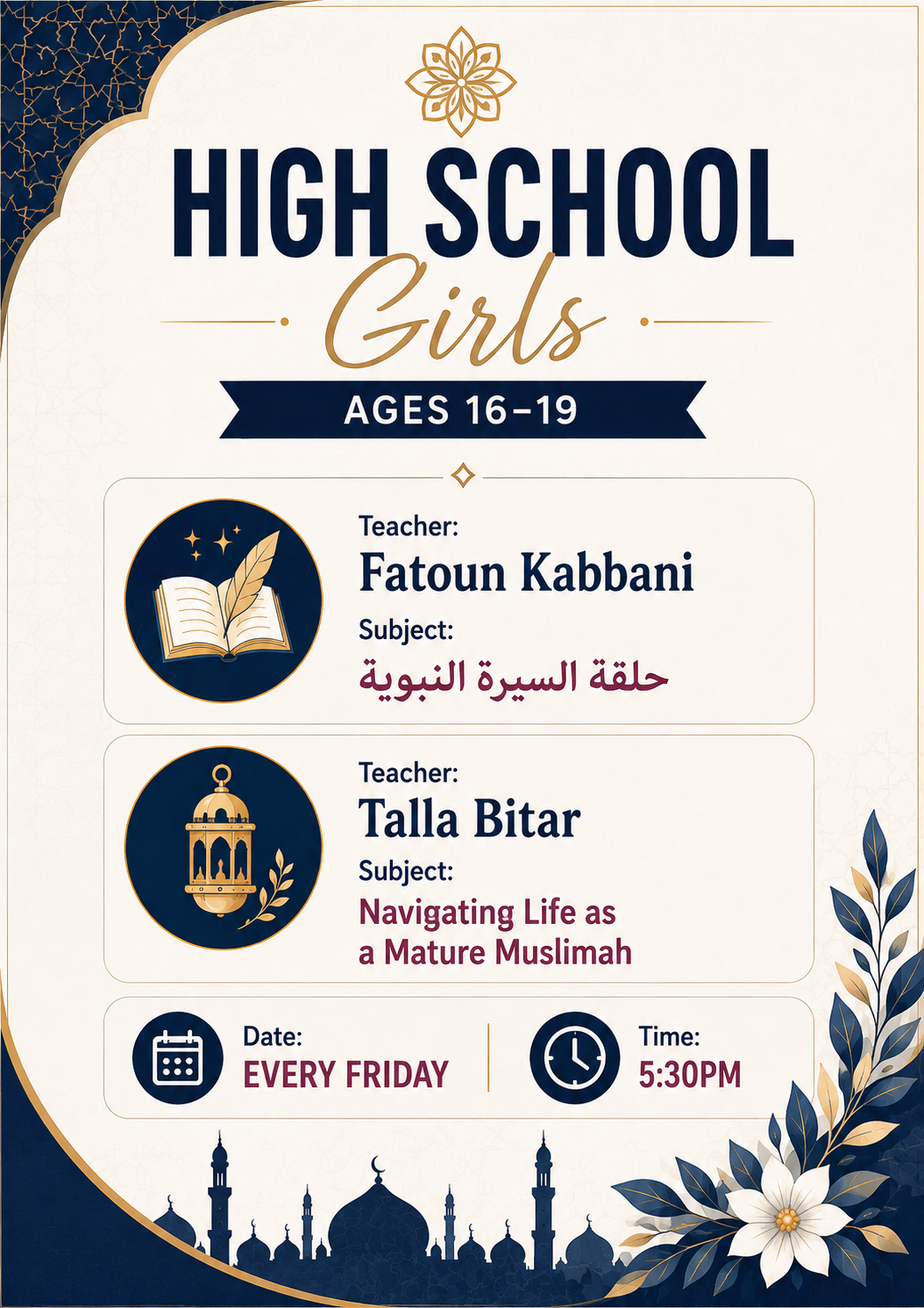 Seerah & Navigating Life of Mature Muslimah High School Girls 16-19 flyer